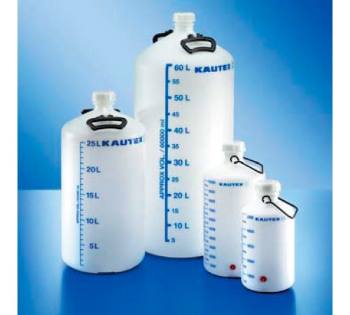 Бутыль Kautex толстостенная 60 л, HDPE, круглая, с синей градуировкой, Ø 50 мм, естественный цвет, с ручками и крышкой, с резьбовым соединением Бутыль Kautex толстостенная 60 л, HDPE, круглая, с синей градуировкой, Ø 50 мм, естественный цвет, с ручками и крышкой, с резьбовым соединением
